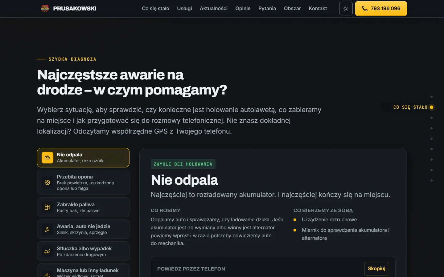 Sekcja szybkiej diagnozy: lista awarii i opis, co zrobi pomoc drogowa